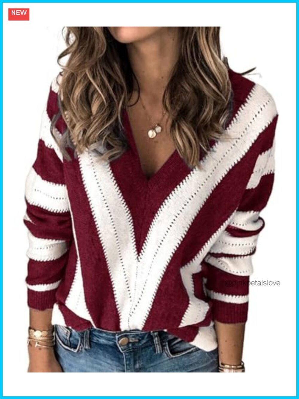 PRETTYGARDEN Women's V-Neck Striped Knit Pullover Sweater Long Sleeve